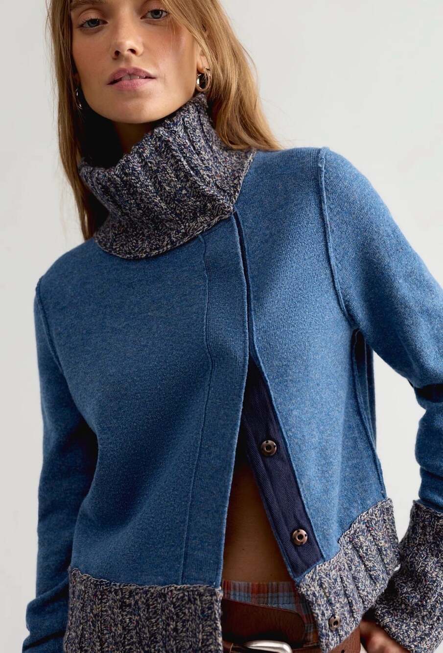 Free People We The Free Off Kilt Funnel-Neck Wool Cardi Blue Size Medium NWT